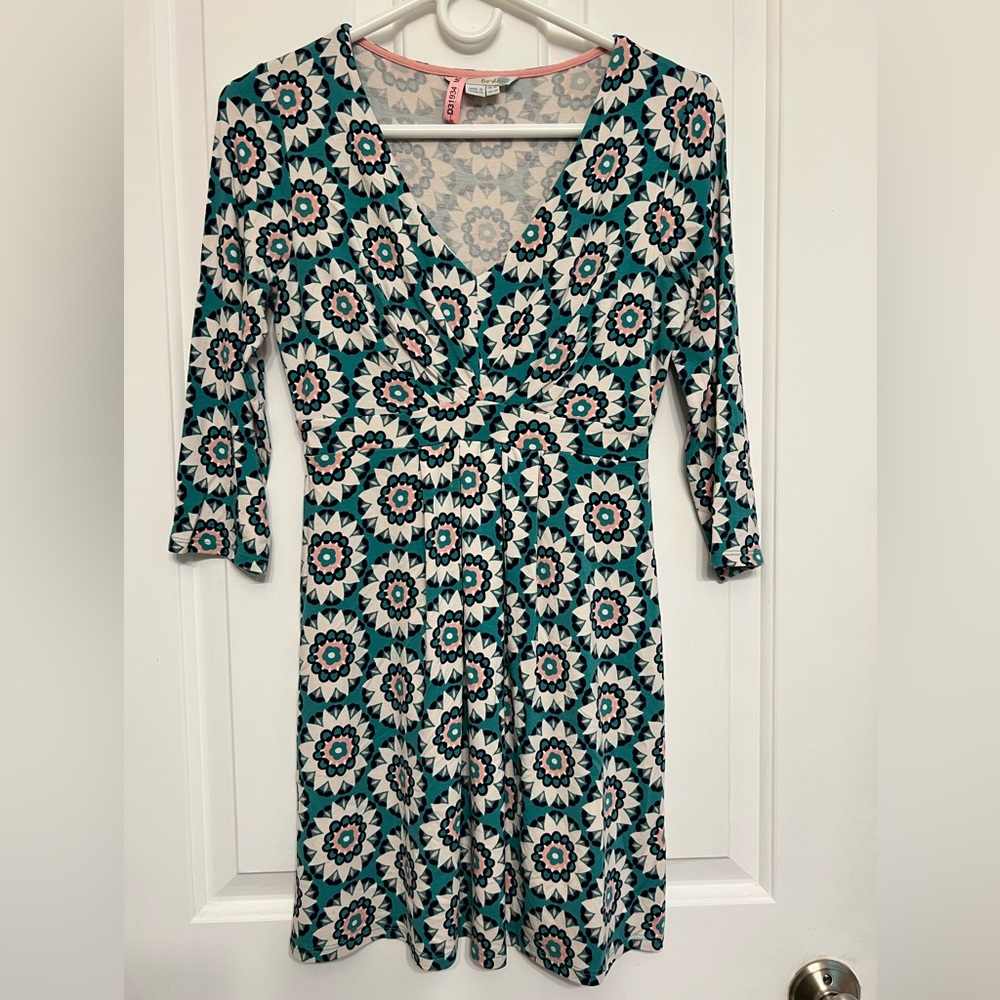 Boden V-neck Gathered Tunic 3/4 Sleeve Mini Dress Green Floral Geometric